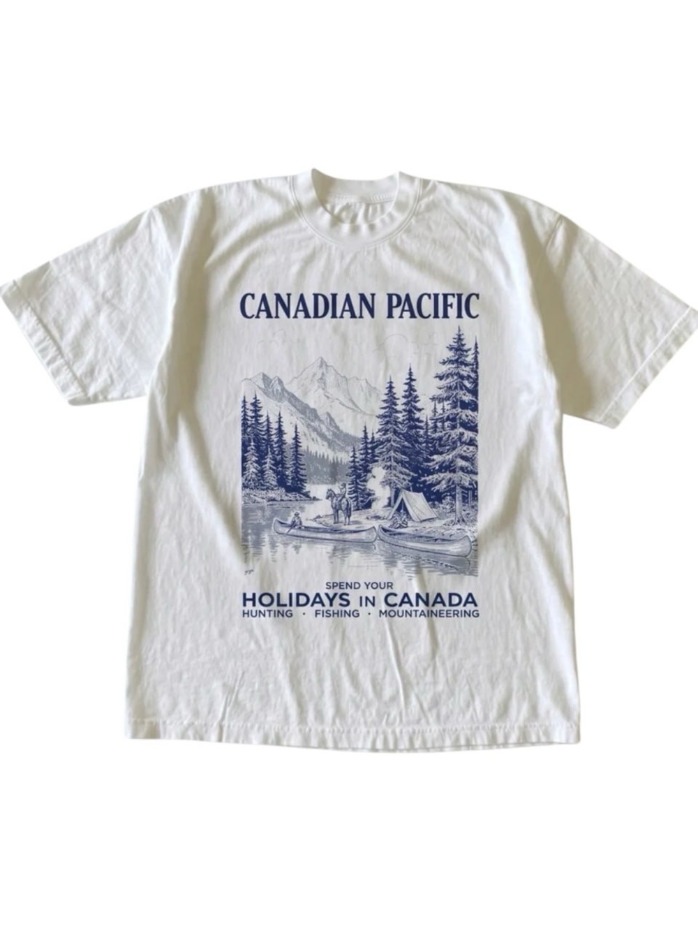 White Tee with Navy Canadian Pacific Canoe Graphic